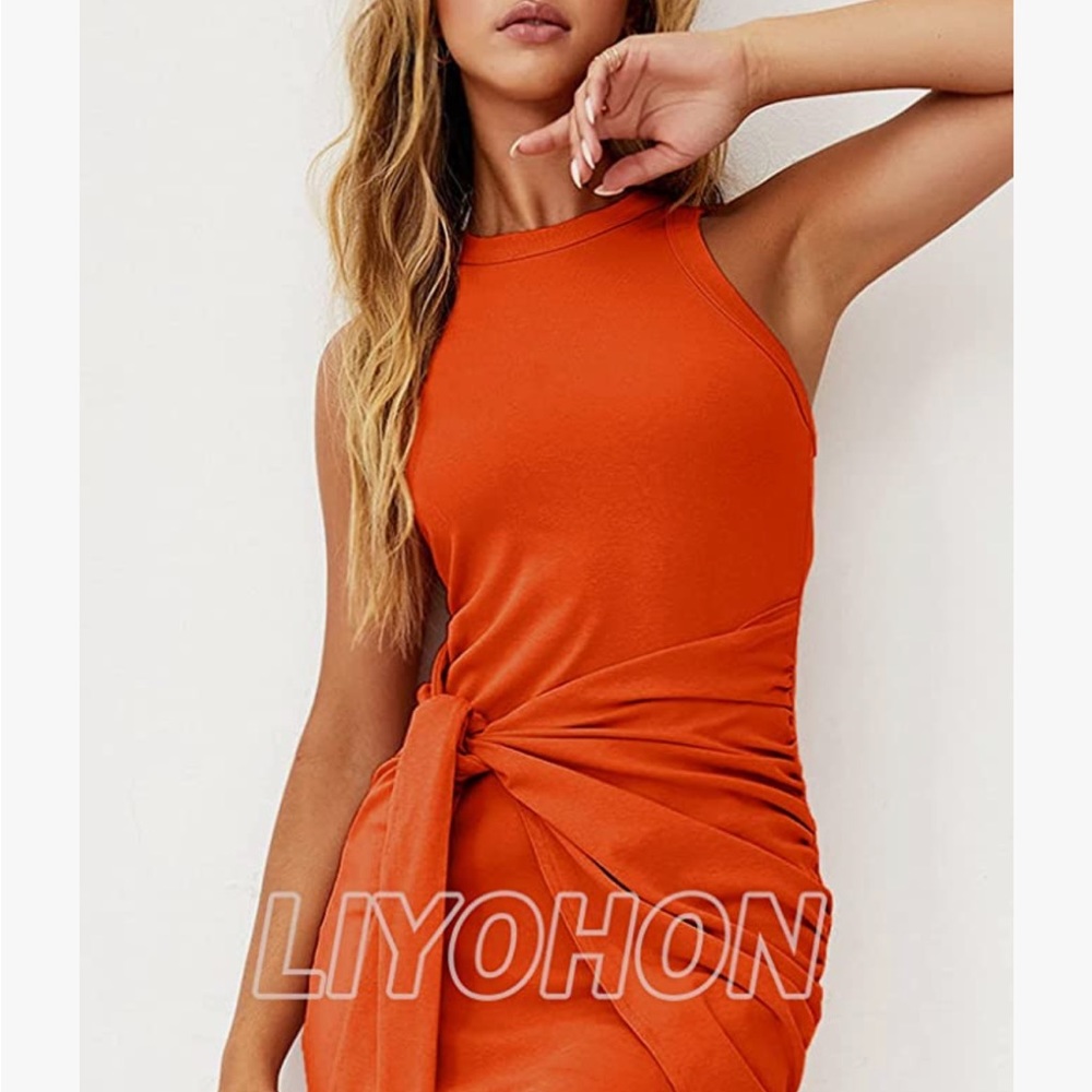 Orange racerback tank wrap ruched bodycon mini dress size small